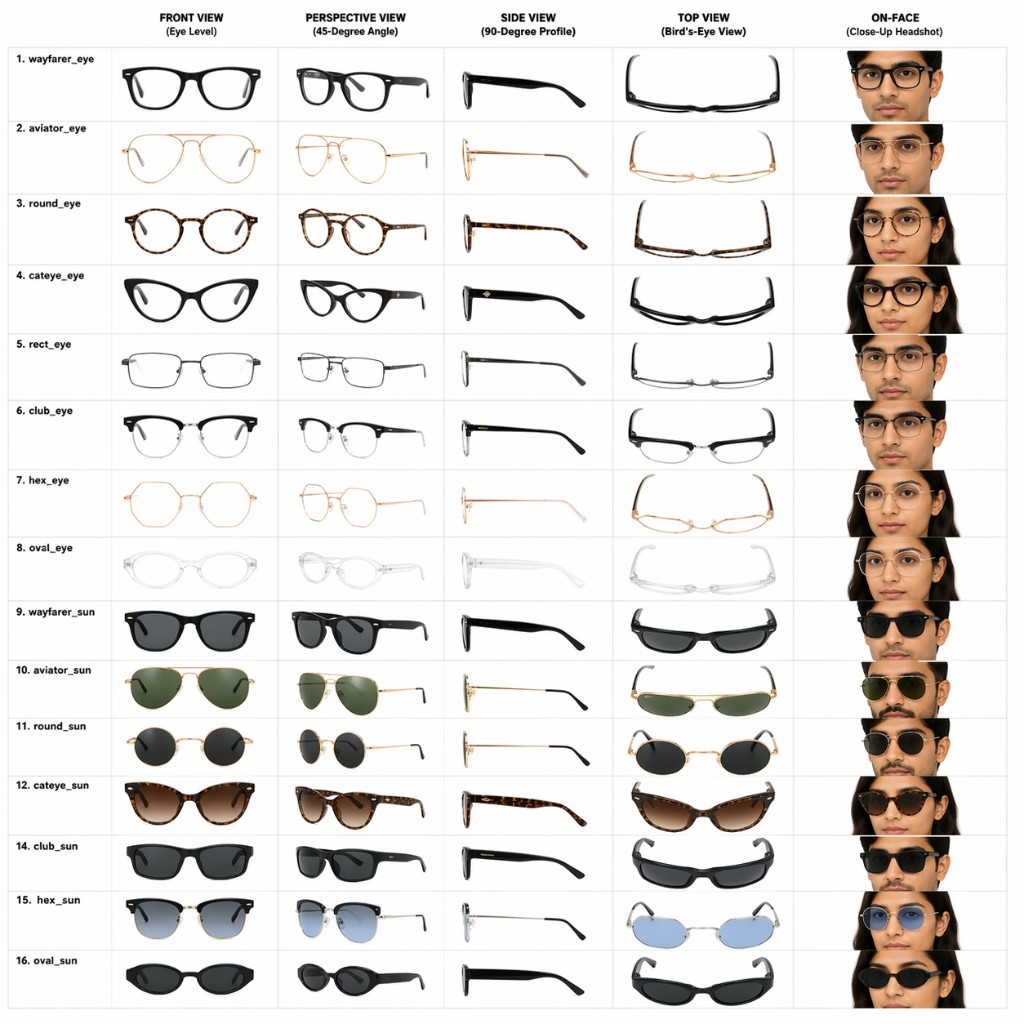Grid of frame shapes: wayfarer, aviator, round, cat-eye, rectangular, club master, hexagonal, and oval, shown in front, perspective, side, top, and on-face views for eyeglasses and sunglasses.